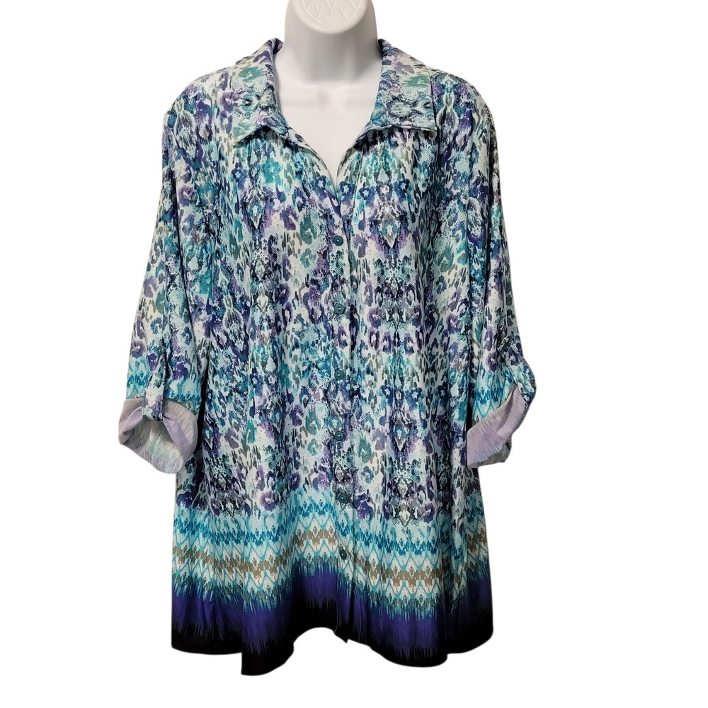 Avenue Womens Plus Shirt 22/24 Top Button Roll Tab Long Sleeve Collar Watercolor